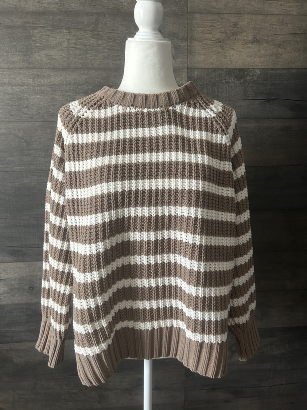 dip Taupe and White Striped Crewneck Sweater